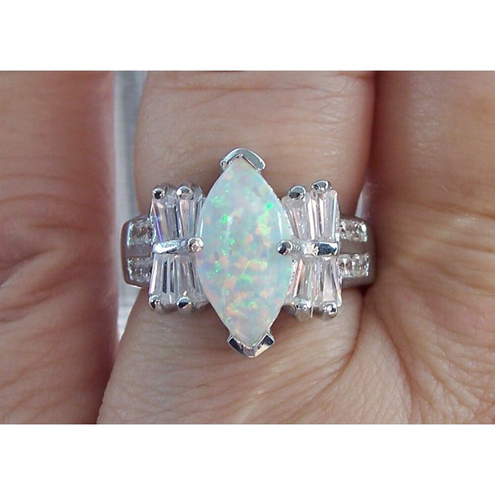 925 STERLING SILVER Marquise Lab Created White Fire Opal & CZ Ring - Picture 14 of 15